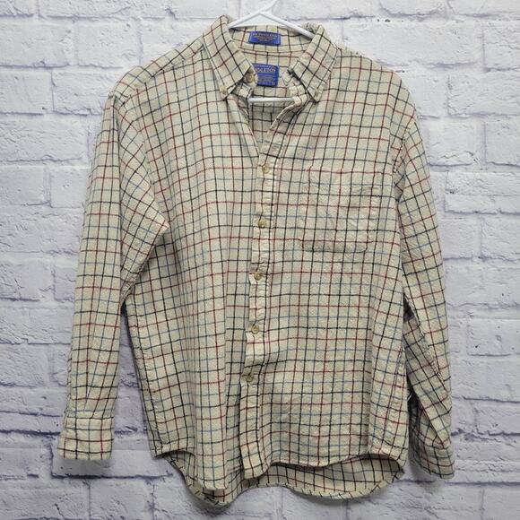 Vintage Sir Pendleton Button Shirt Mens M 100% Pure Virgin Wool Off White Plaid - Picture 1 of 9